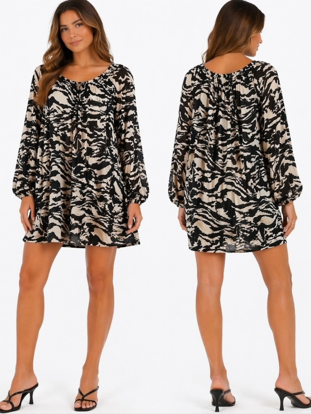 H&M Zebra Print Mini Dress S Black White Babydoll Chic Autumn Wedding Homecoming